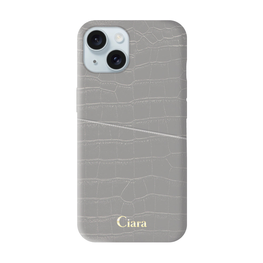 iPhone15Plusケース クロコPUポケット レザーカード収納ケース ロゴ グレー