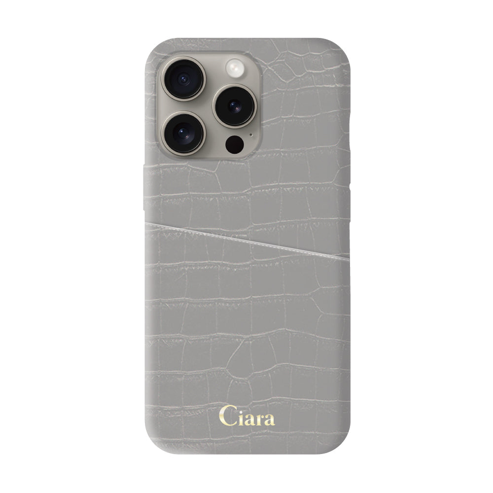 iPhone15Proケース クロコPUポケット レザーカード収納ケース ロゴ グレー