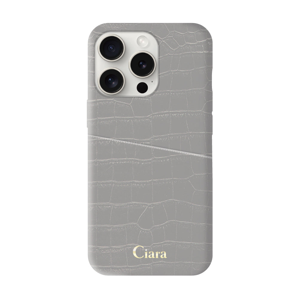 iPhone15ProMaxケース クロコPUポケット レザーカード収納ケース ロゴ グレー