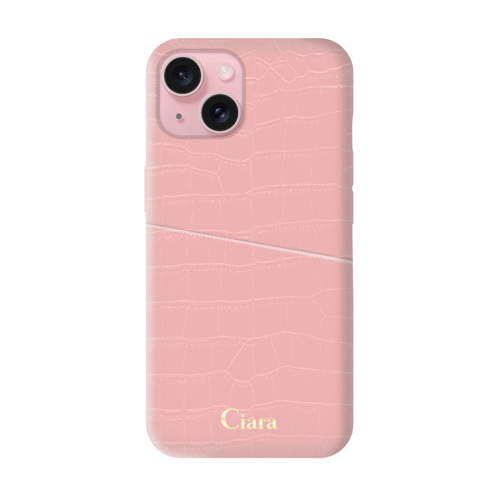 iPhone15ケース クロコPUポケット レザーカード収納ケース ロゴ ピンク
