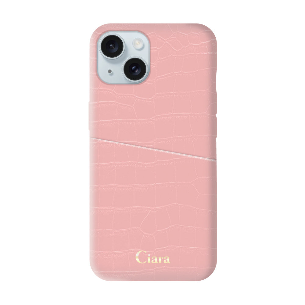 iPhone15Plusケース クロコPUポケット レザーカード収納ケース ロゴ ピンク
