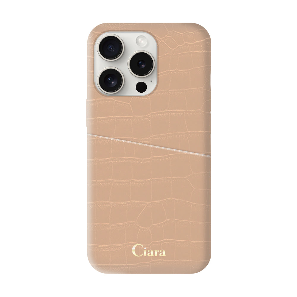 iPhone15ProMaxケース クロコPUポケット レザーカード収納ケース ロゴ ベージュ