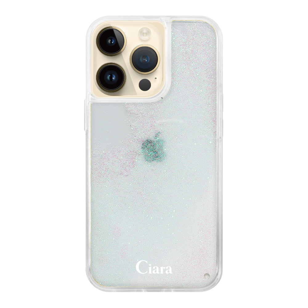 iPhone14Pro グリッター オイルクリアケース ロゴ ホワイト