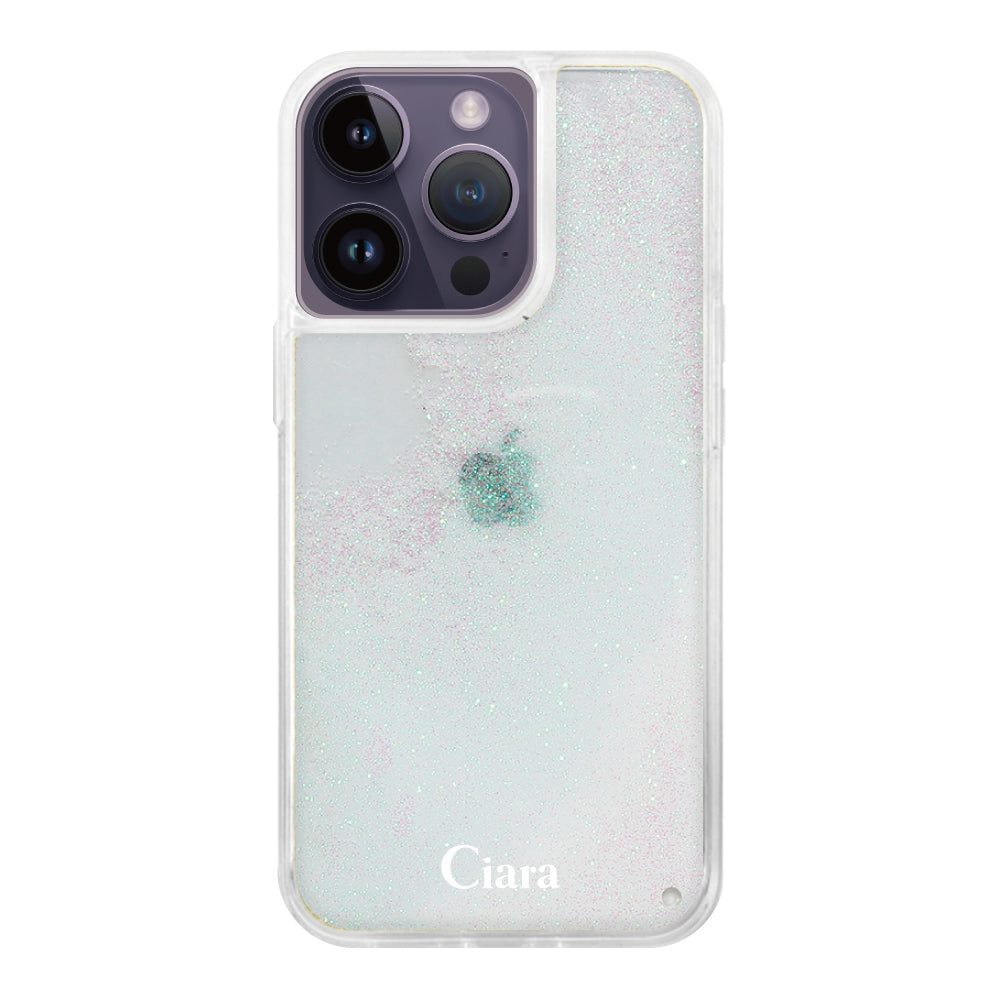 iPhone14ProMax グリッター オイルクリアケース ロゴ ホワイト