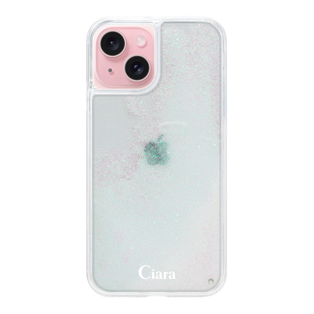 iPhone15 グリッター オイルクリアケース ロゴ ホワイト