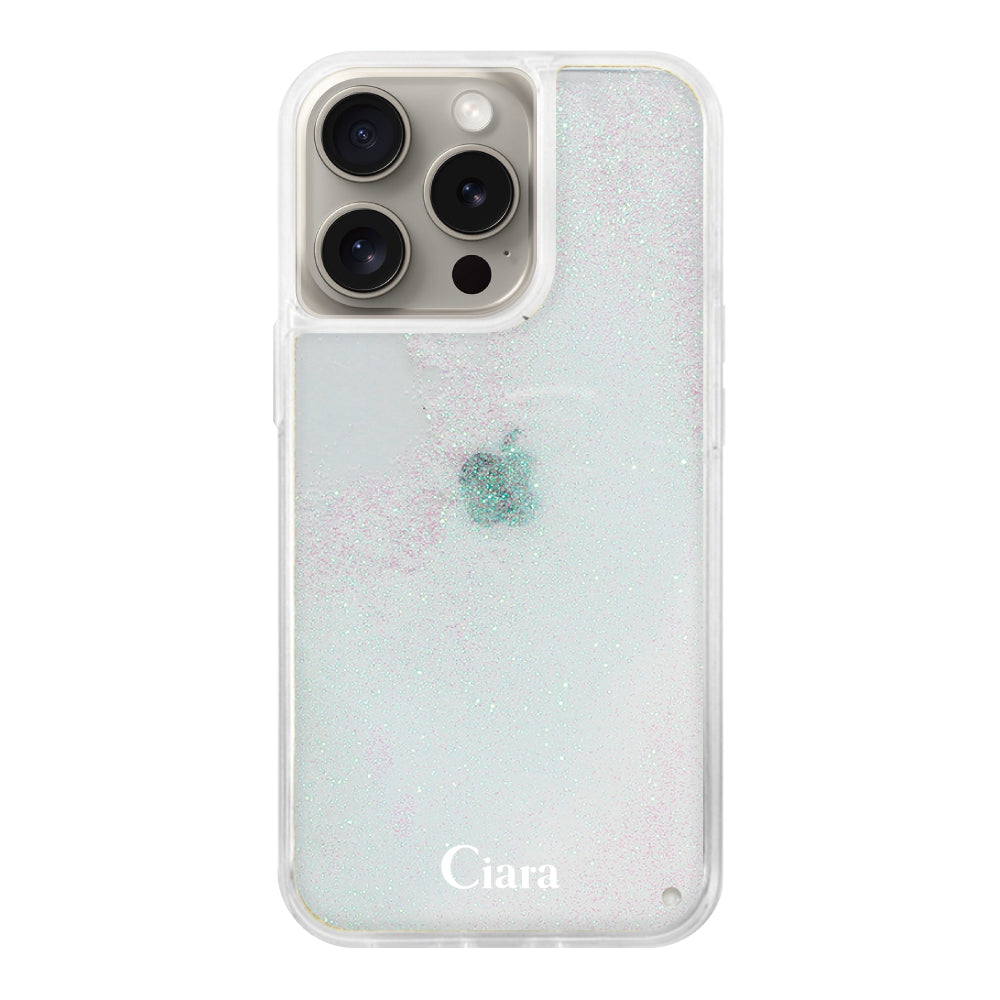 iPhone15Pro グリッター オイルクリアケース ロゴ ホワイト