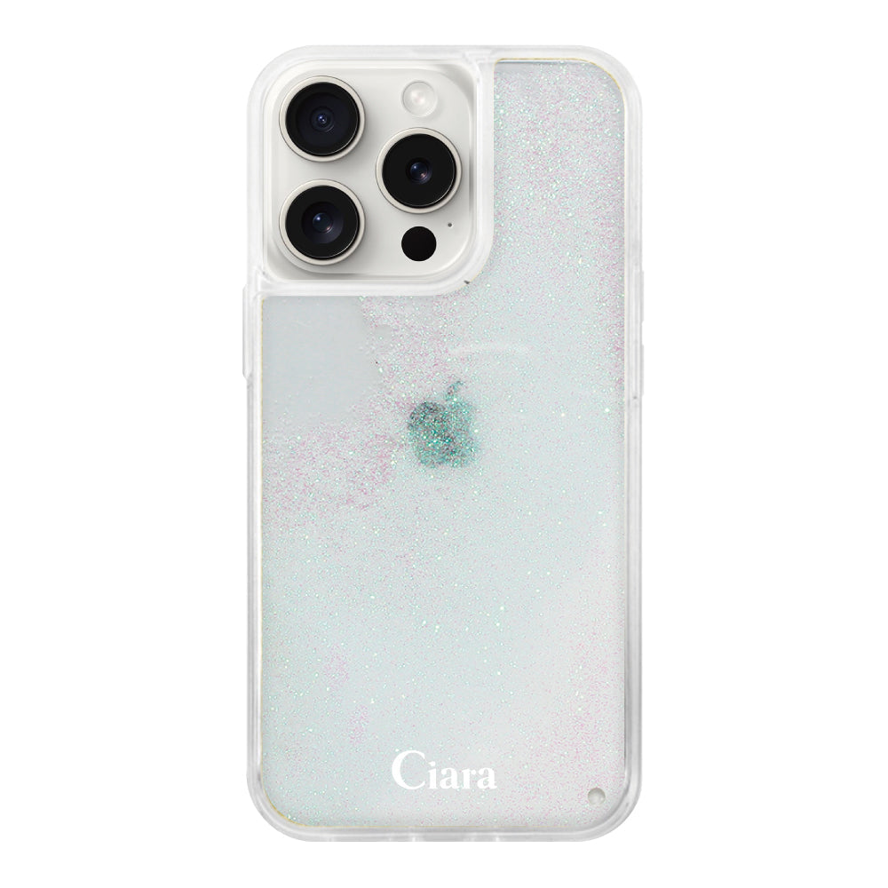 iPhone15ProMax グリッター オイルクリアケース ロゴ ホワイト