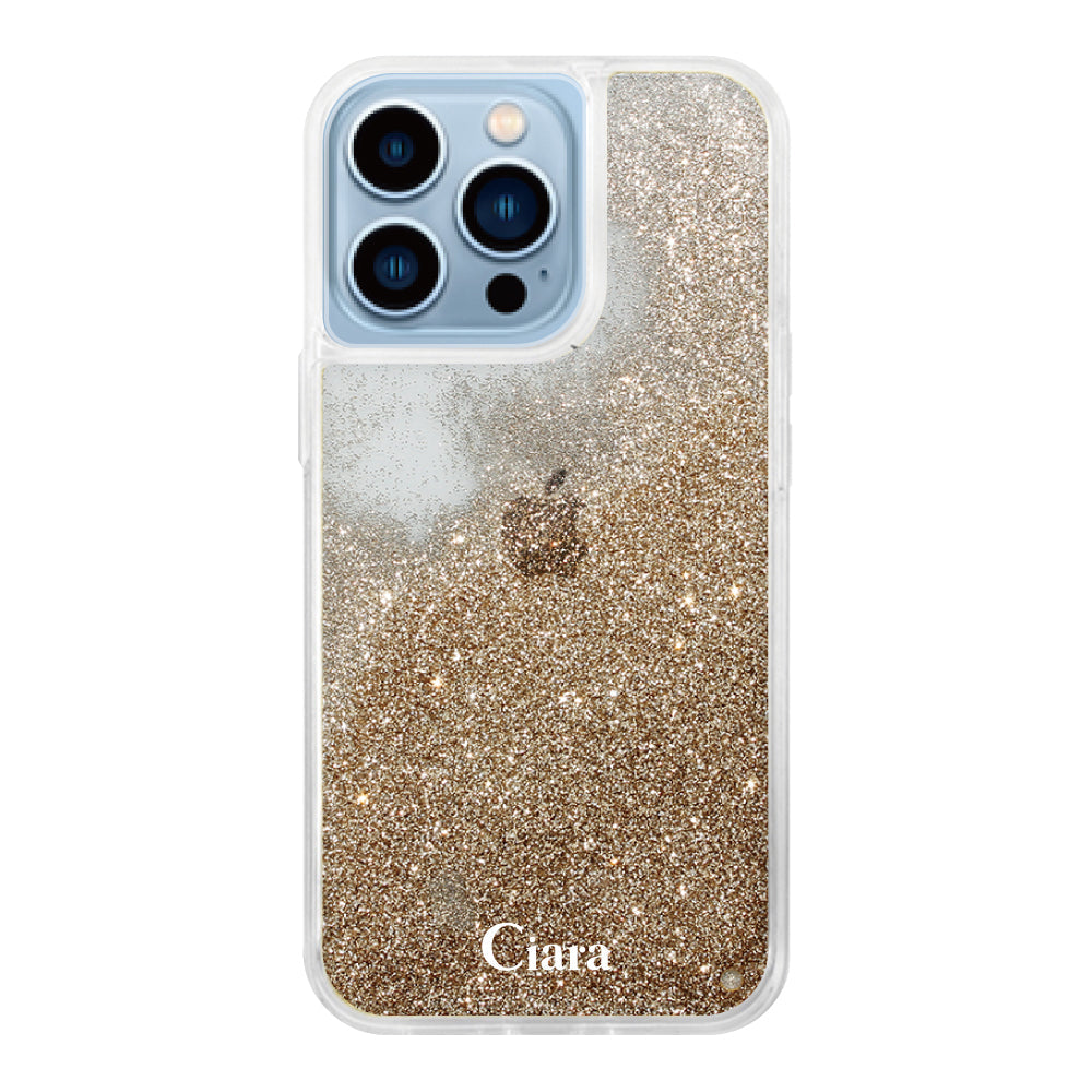iPhone13ProMax グリッター オイルクリアケース ロゴ ゴールド