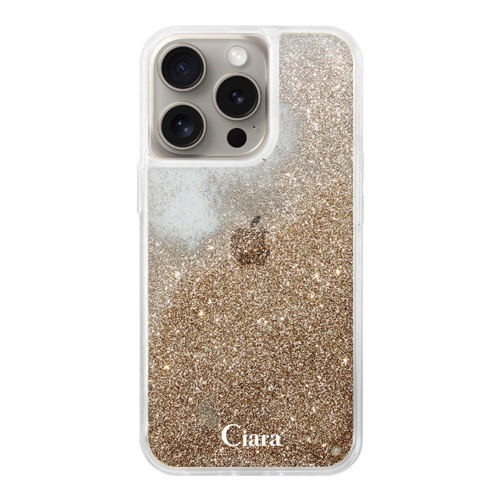 iPhone15Pro グリッター オイルクリアケース ロゴ ゴールド