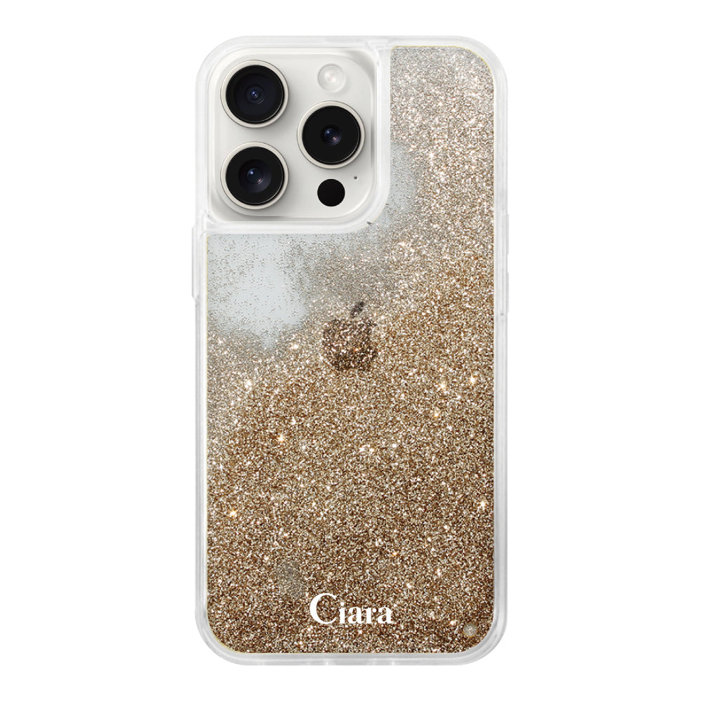 iPhone15ProMax グリッター オイルクリアケース ロゴ ゴールド