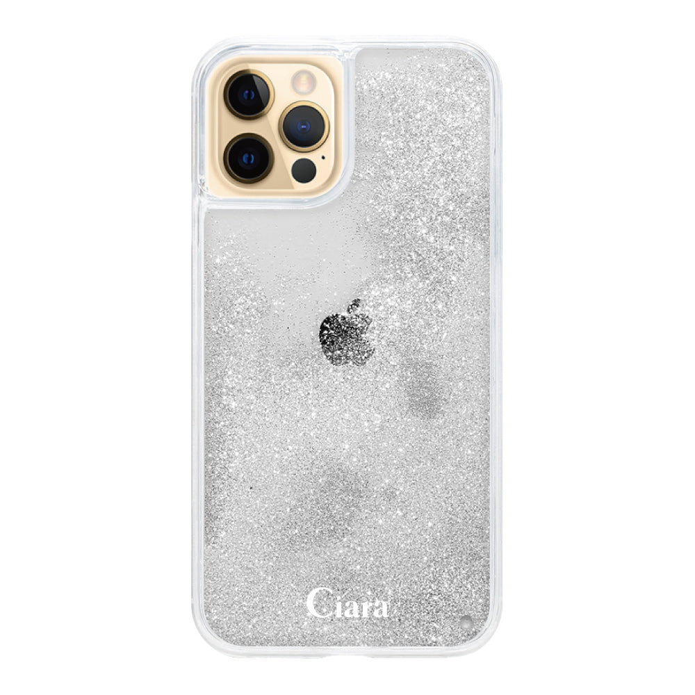 iPhone11ProMax グリッター オイルクリアケース ロゴ シルバー