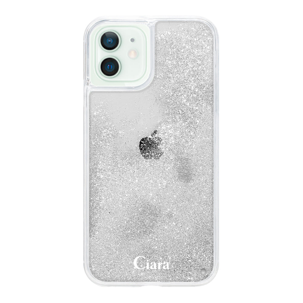 iPhone12mini グリッター オイルクリアケース ロゴ シルバー