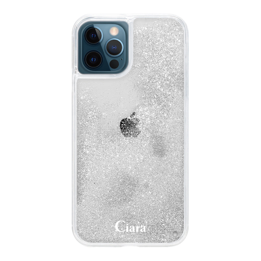 iPhone12ProMax グリッター オイルクリアケース ロゴ シルバー