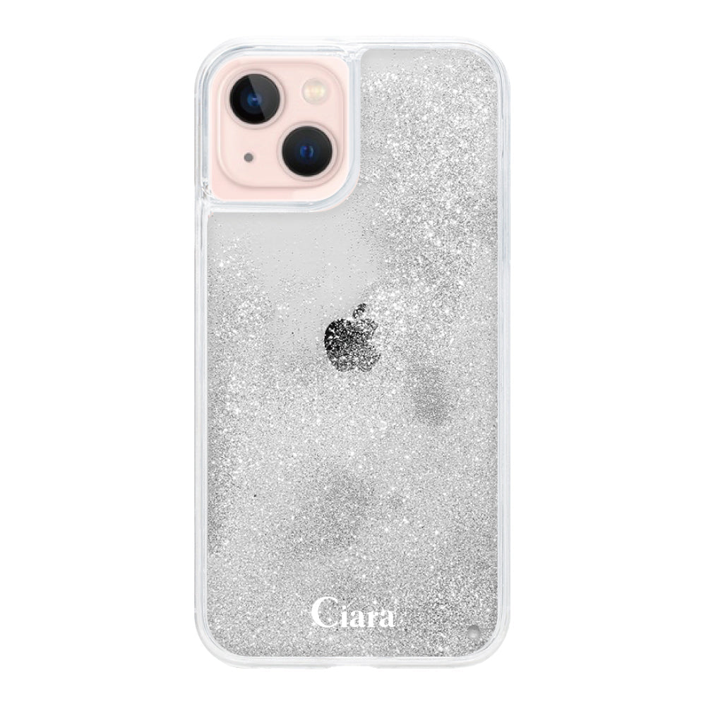 iPhone13 グリッター オイルクリアケース ロゴ シルバー
