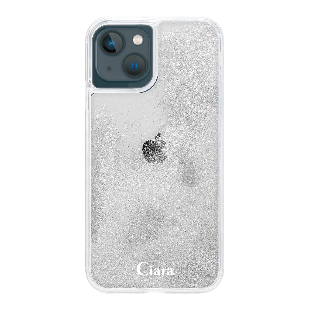iPhone13mini グリッター オイルクリアケース ロゴ シルバー
