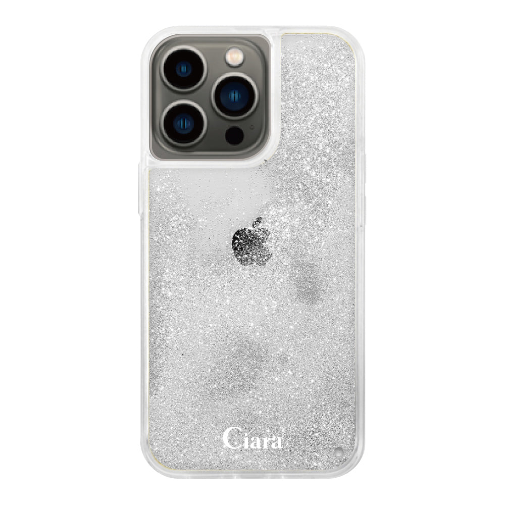 iPhone13Pro グリッター オイルクリアケース ロゴ シルバー