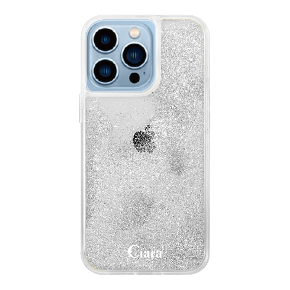 iPhone13ProMax グリッター オイルクリアケース ロゴ シルバー