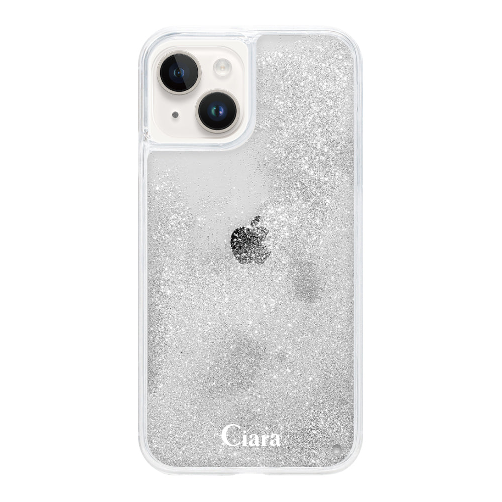 iPhone14 グリッター オイルクリアケース ロゴ シルバー