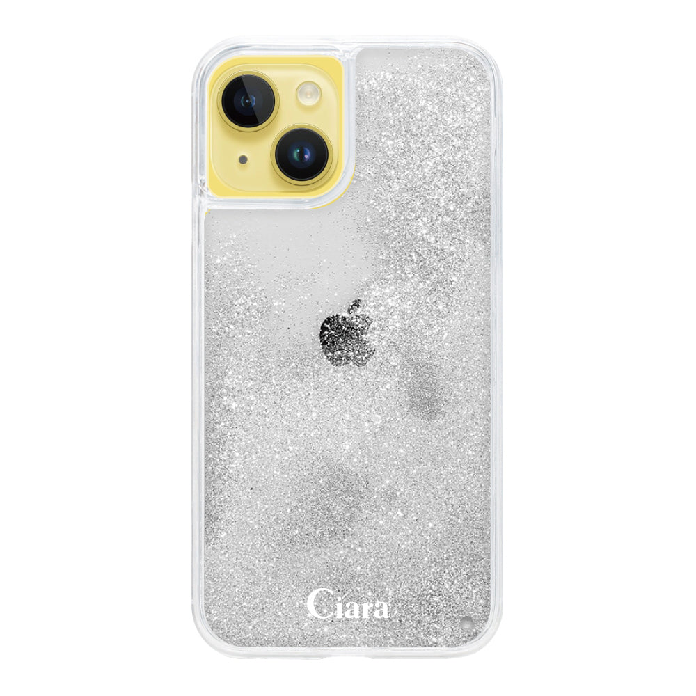 iPhone14Plus グリッター オイルクリアケース ロゴ シルバー