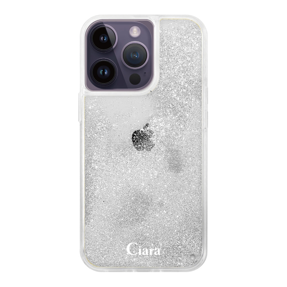 iPhone14ProMax グリッター オイルクリアケース ロゴ シルバー