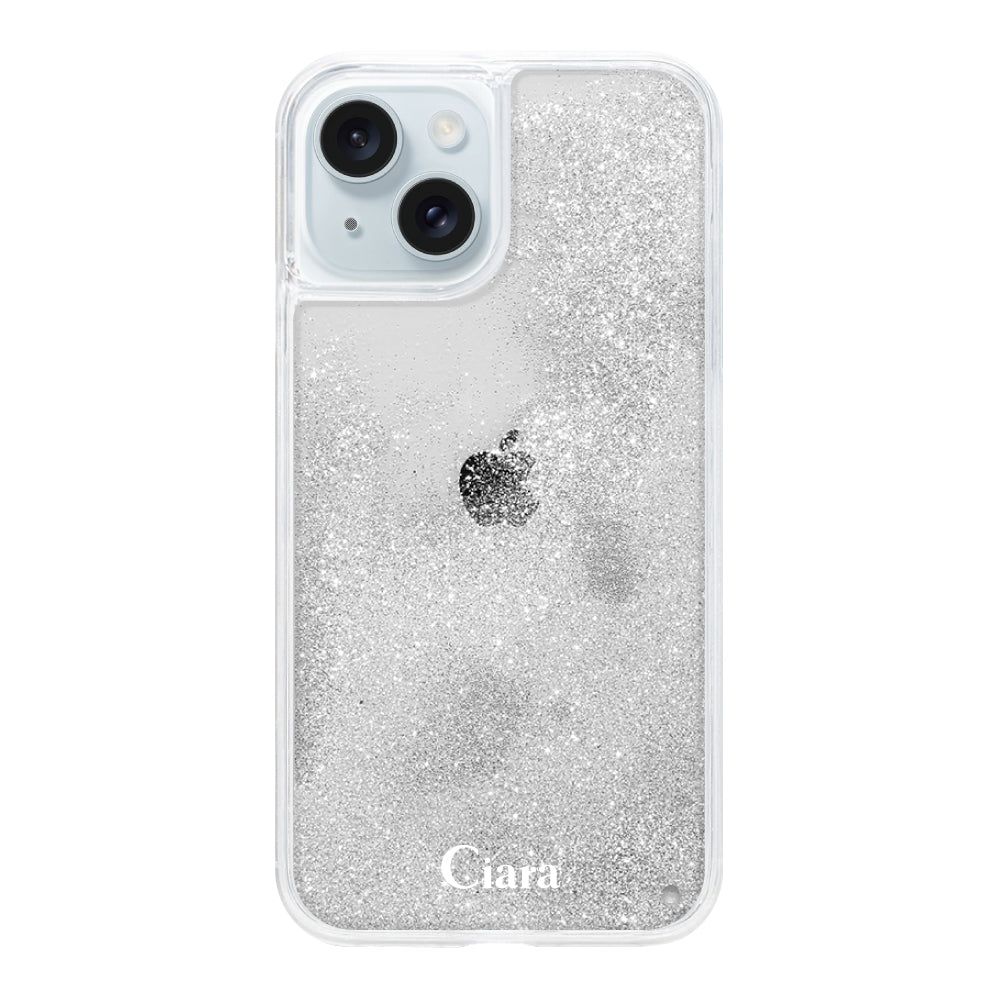 iPhone15Plus グリッター オイルクリアケース ロゴ シルバー