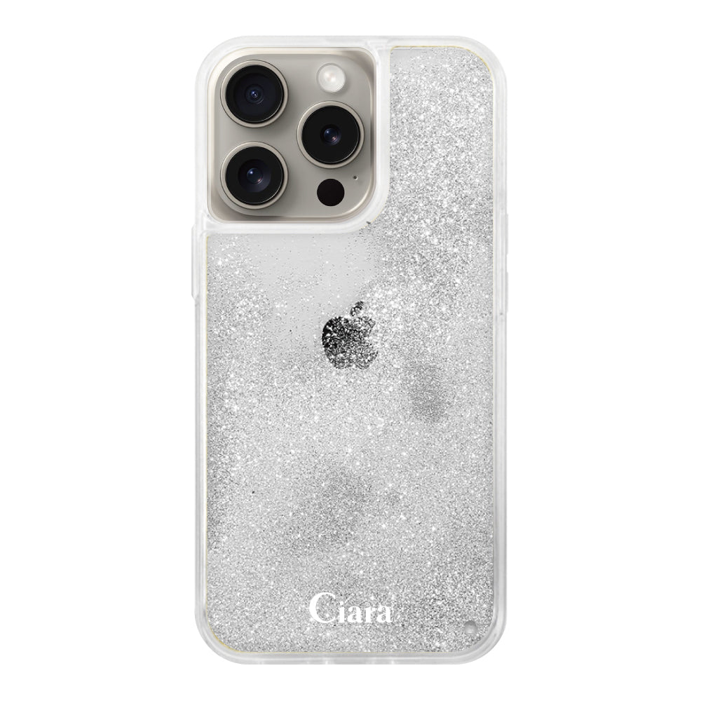 iPhone15Pro グリッター オイルクリアケース ロゴ シルバー