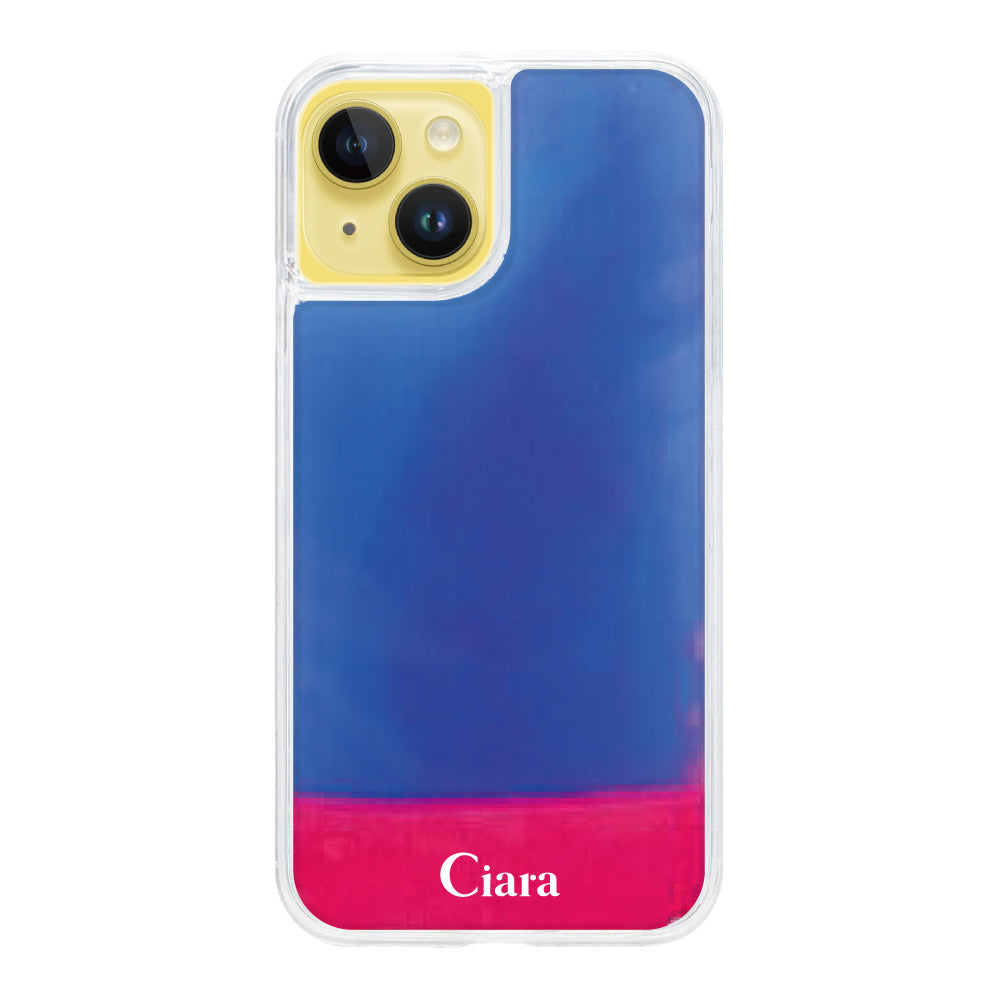 iPhone14Plusケース ネオンサンド オイルケース ロゴ ピンク/ブルー