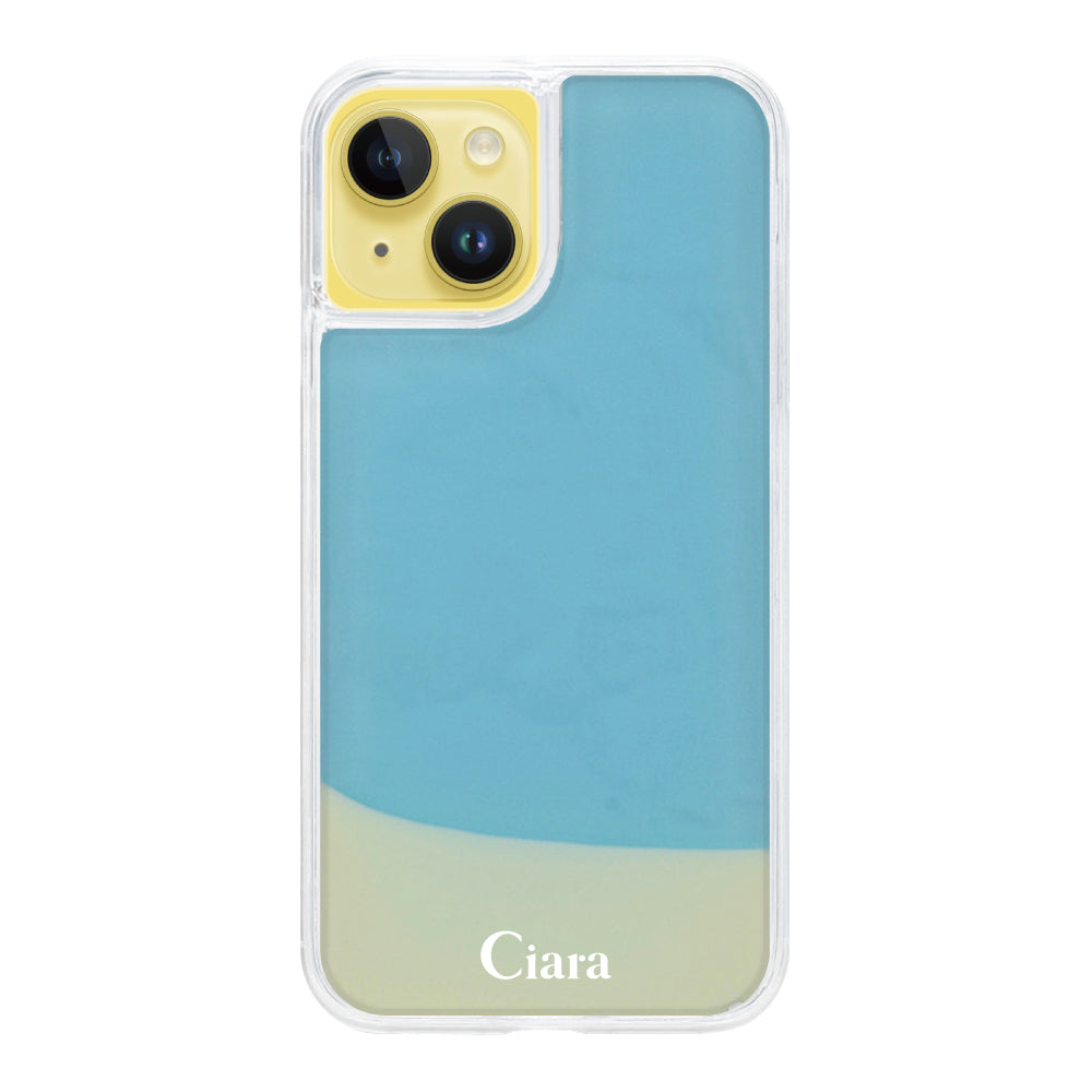 iPhone14Plusケース ネオンサンド オイルケース ロゴ ホワイト/ブルー