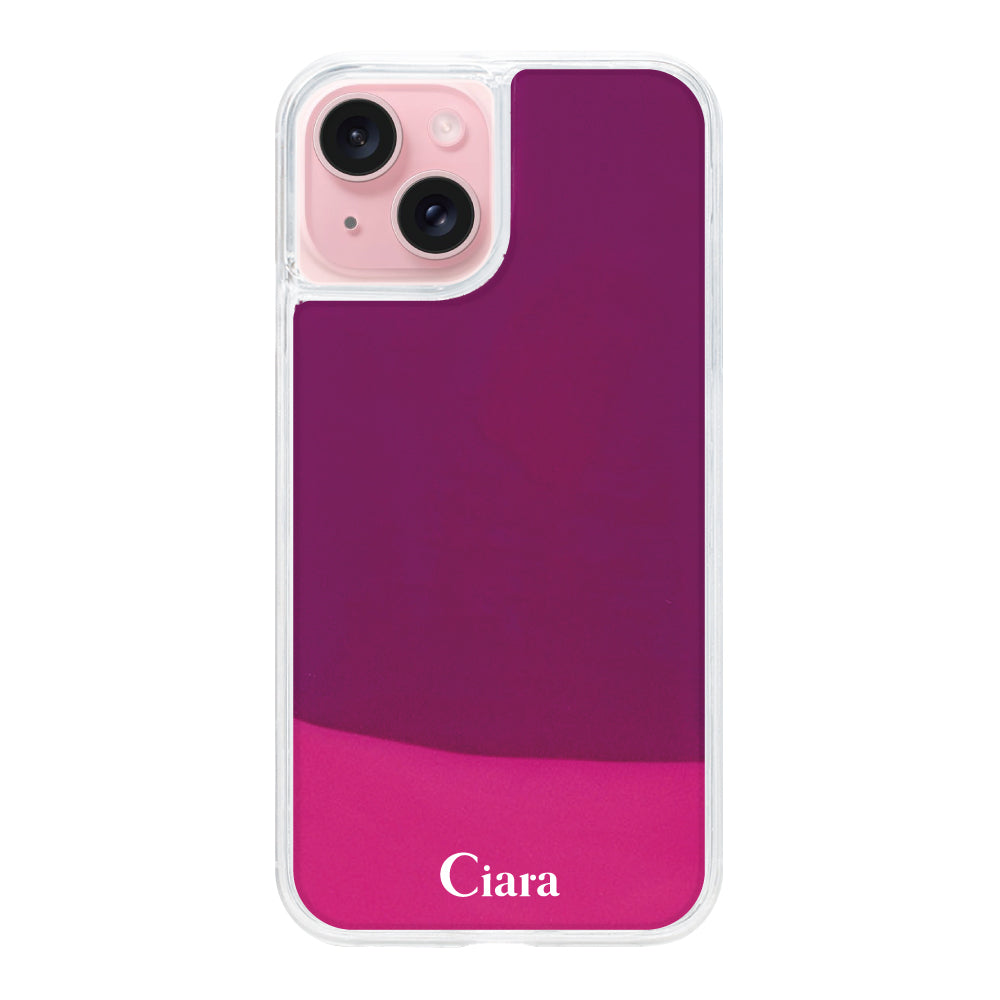 iPhone15ケース ネオンサンド オイルケース ロゴ ピンク/パープル