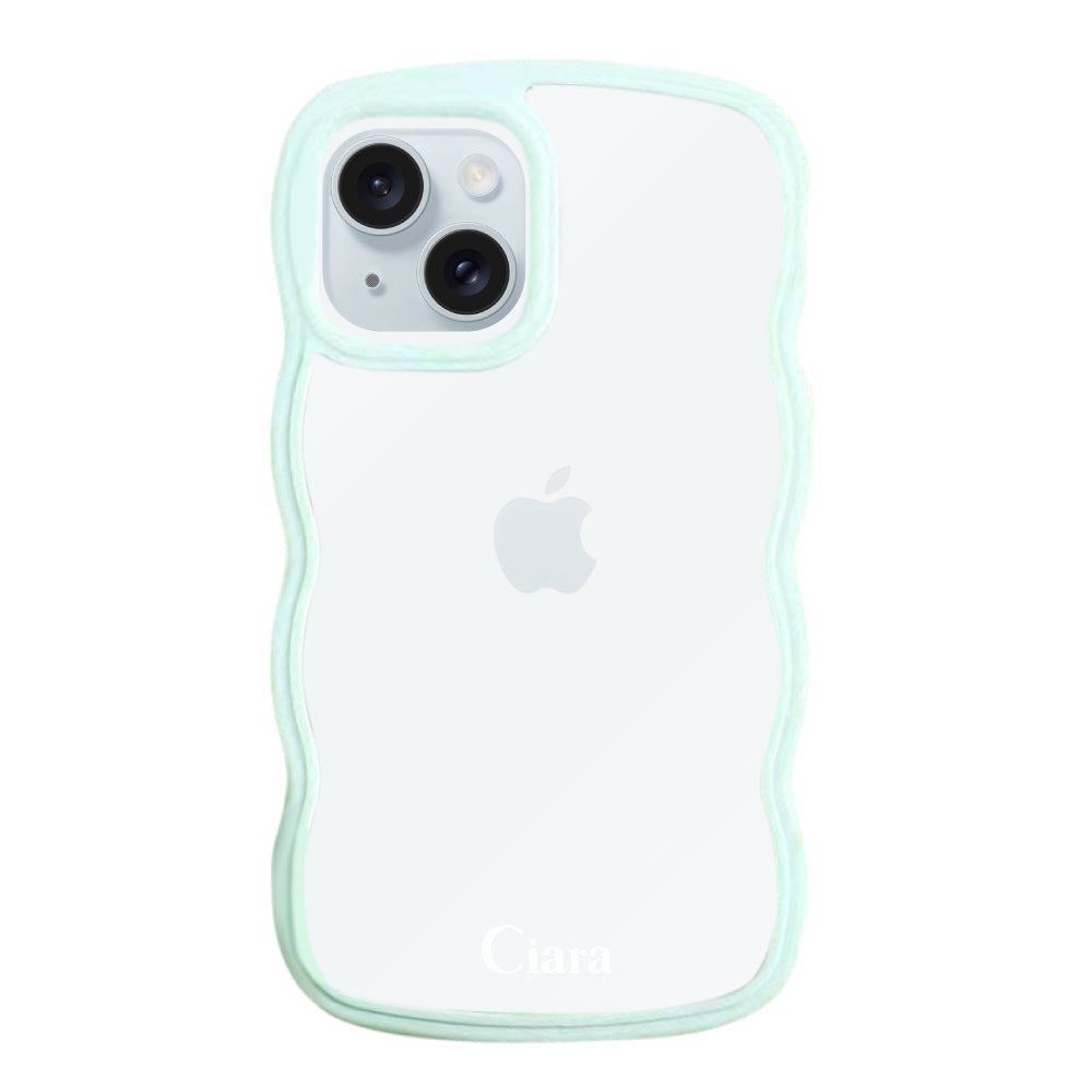 iPhone15Plusケース ウェーブフレーム クリアケース ロゴ ブルー