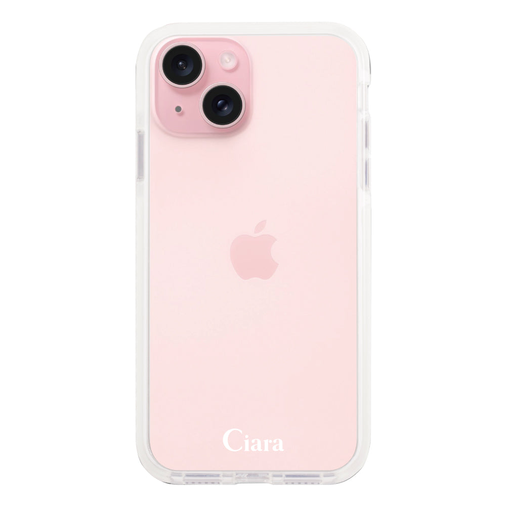 iPhone15ケース クッションバンパー 耐衝撃クリアケース ロゴ ホワイト