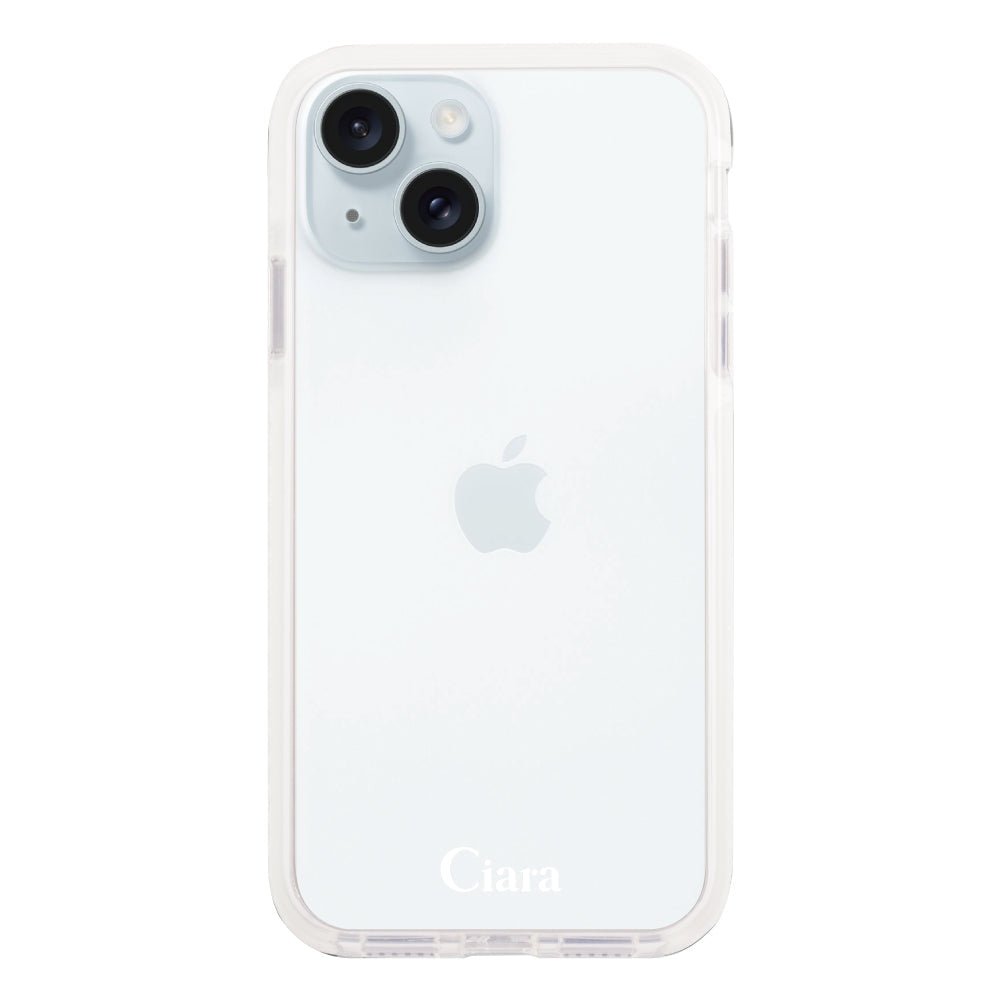 iPhone15Plusケース クッションバンパー 耐衝撃クリアケース ロゴ ホワイト