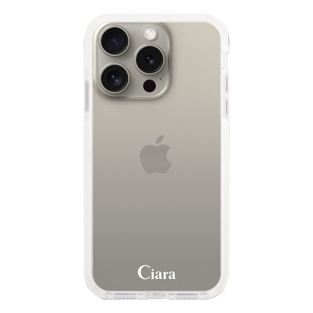 iPhone15Proケース クッションバンパー 耐衝撃クリアケース ロゴ ホワイト