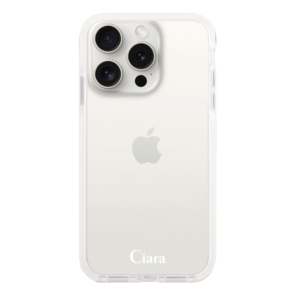iPhone15ProMaxケース クッションバンパー 耐衝撃クリアケース ロゴ ホワイト
