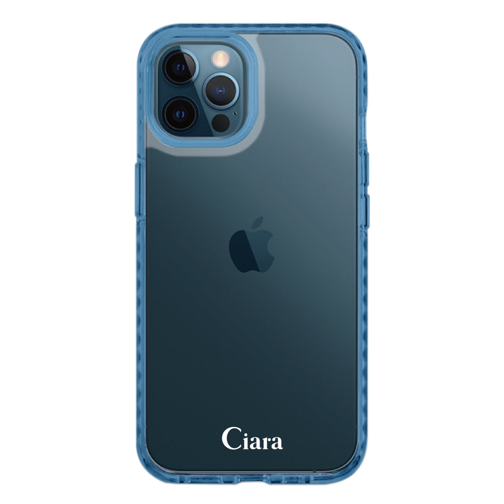 iPhone12ProMaxケース クッションバンパー 耐衝撃クリアケース ロゴ クリアブルー
