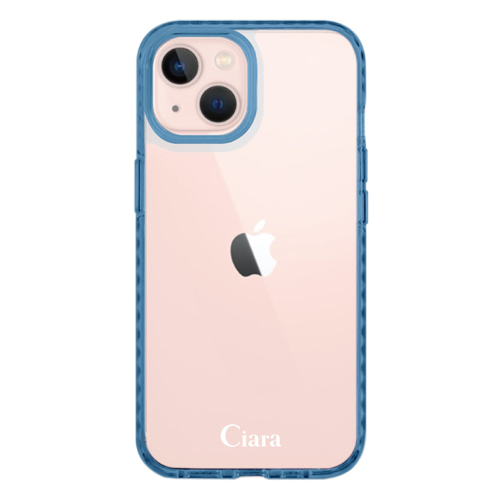 iPhone13ケース クッションバンパー 耐衝撃クリアケース ロゴ クリアブルー