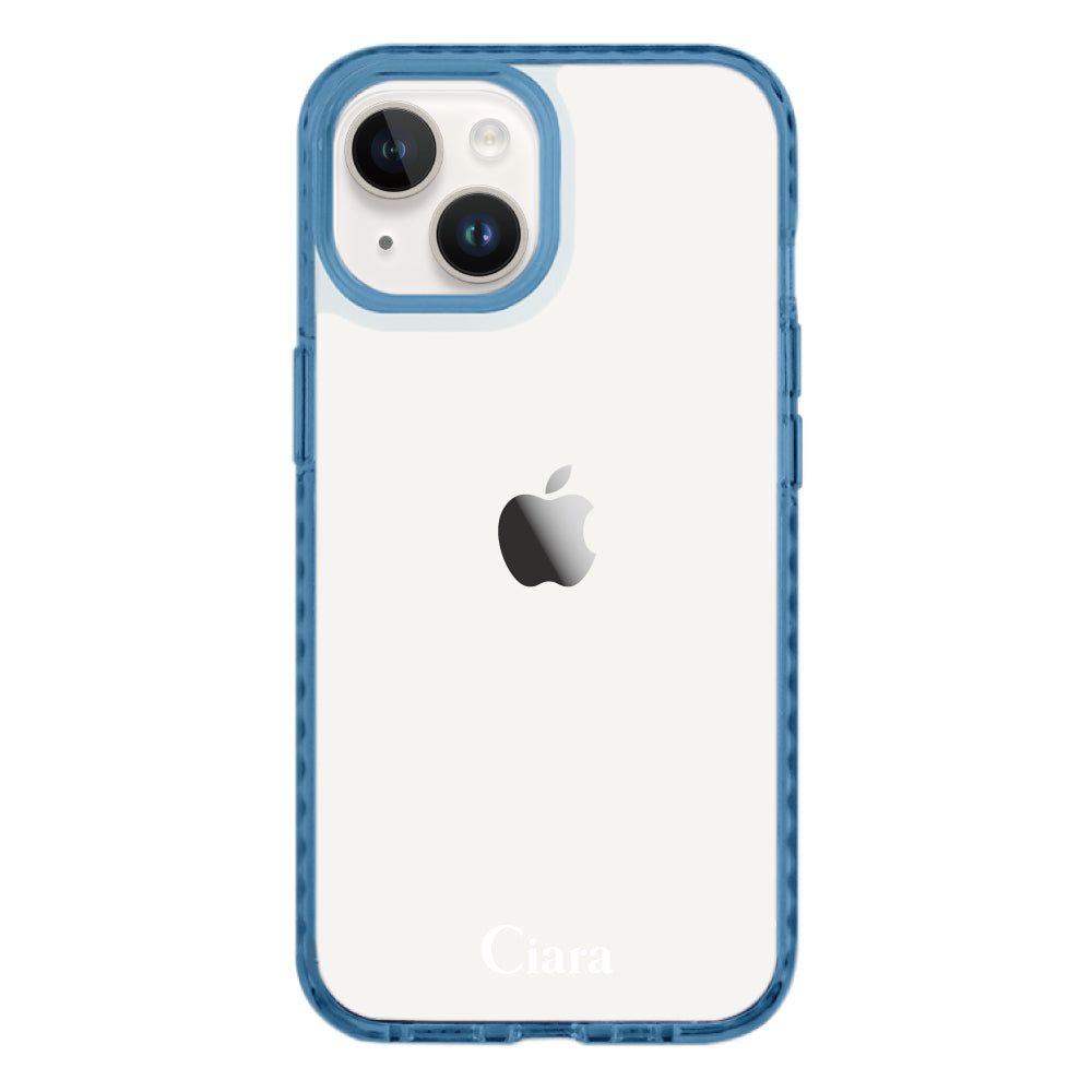 iPhone14ケース クッションバンパー 耐衝撃クリアケース ロゴ クリアブルー