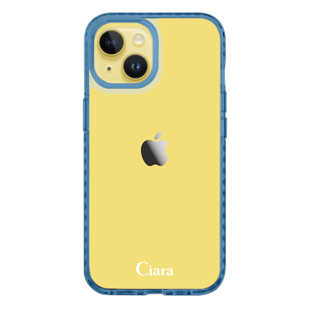 iPhone14Plusケース クッションバンパー 耐衝撃クリアケース ロゴ クリアブルー