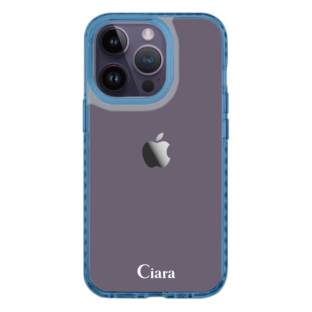 iPhone14ProMaxケース クッションバンパー 耐衝撃クリアケース ロゴ クリアブルー