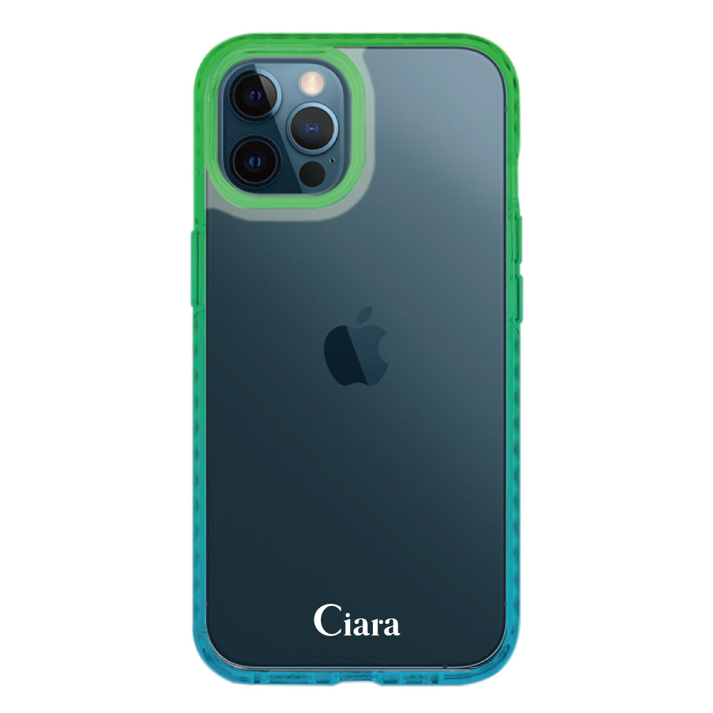 iPhone12ProMaxケース クッションバンパー 耐衝撃クリアケース ロゴ ブルー/グリーン