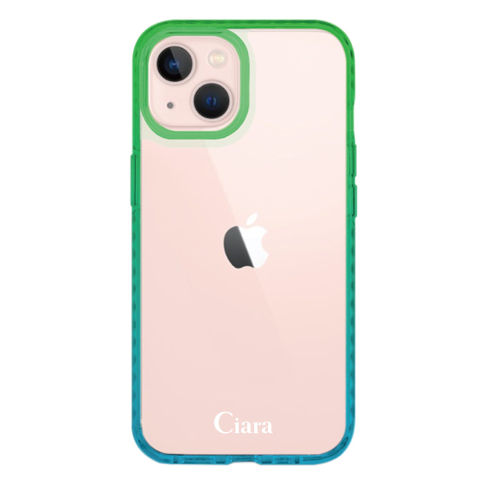 iPhone13ケース クッションバンパー 耐衝撃クリアケース ロゴ ブルー/グリーン