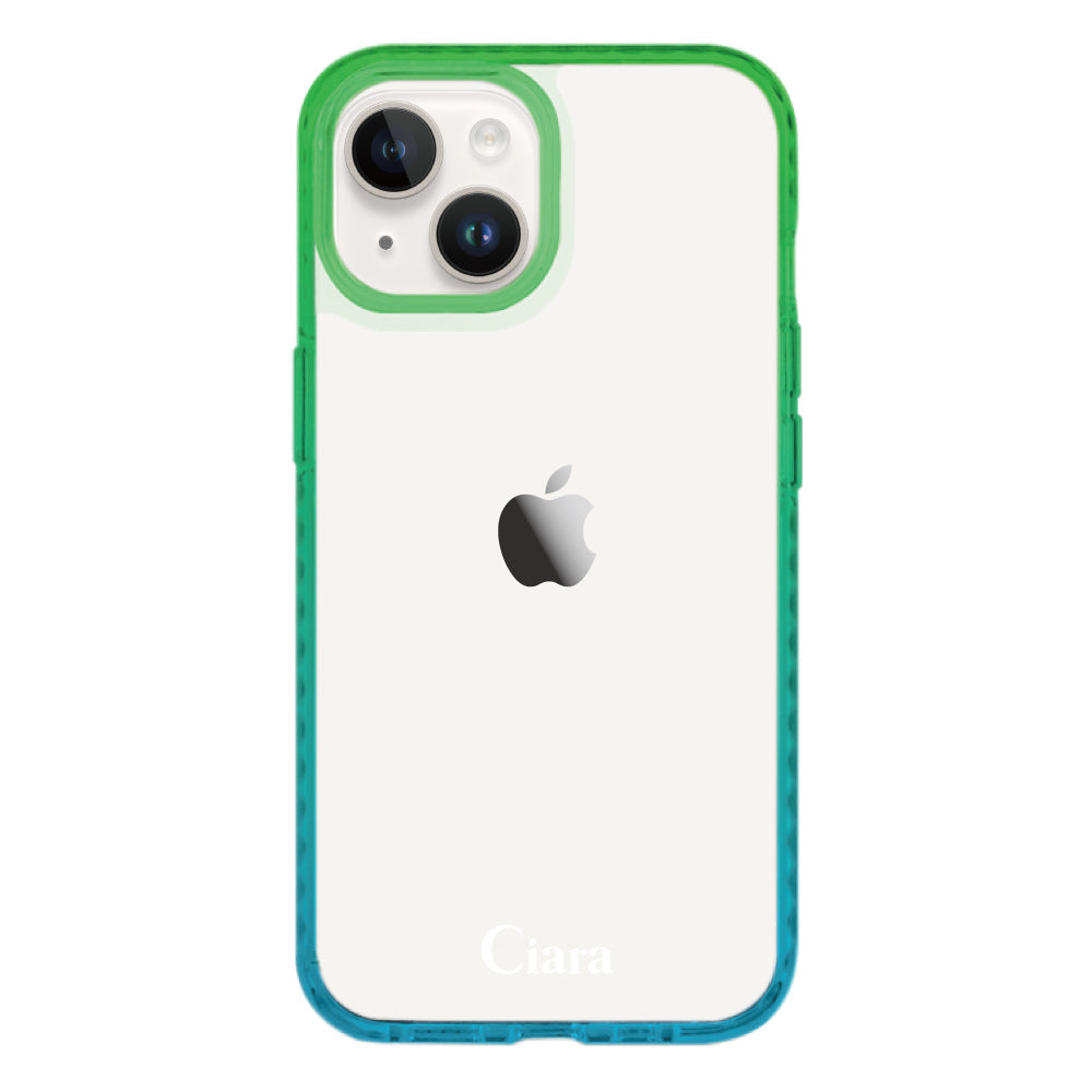 iPhone14ケース クッションバンパー 耐衝撃クリアケース ロゴ ブルー/グリーン
