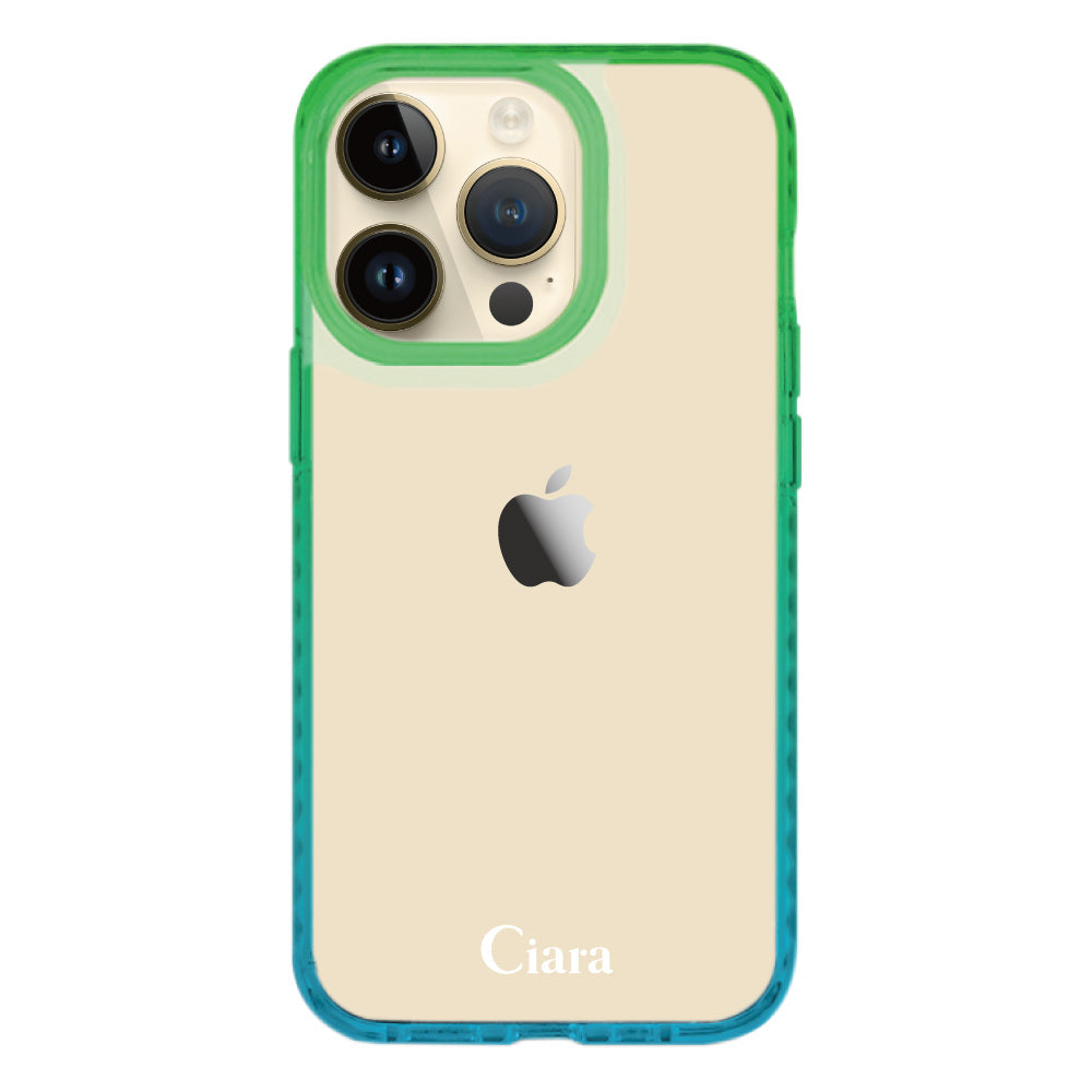 iPhone14Proケース クッションバンパー 耐衝撃クリアケース ロゴ ブルー/グリーン