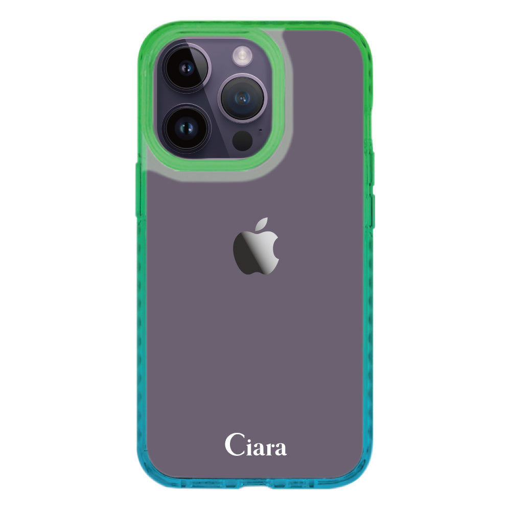 iPhone14ProMaxケース クッションバンパー 耐衝撃クリアケース ロゴ ブルー/グリーン