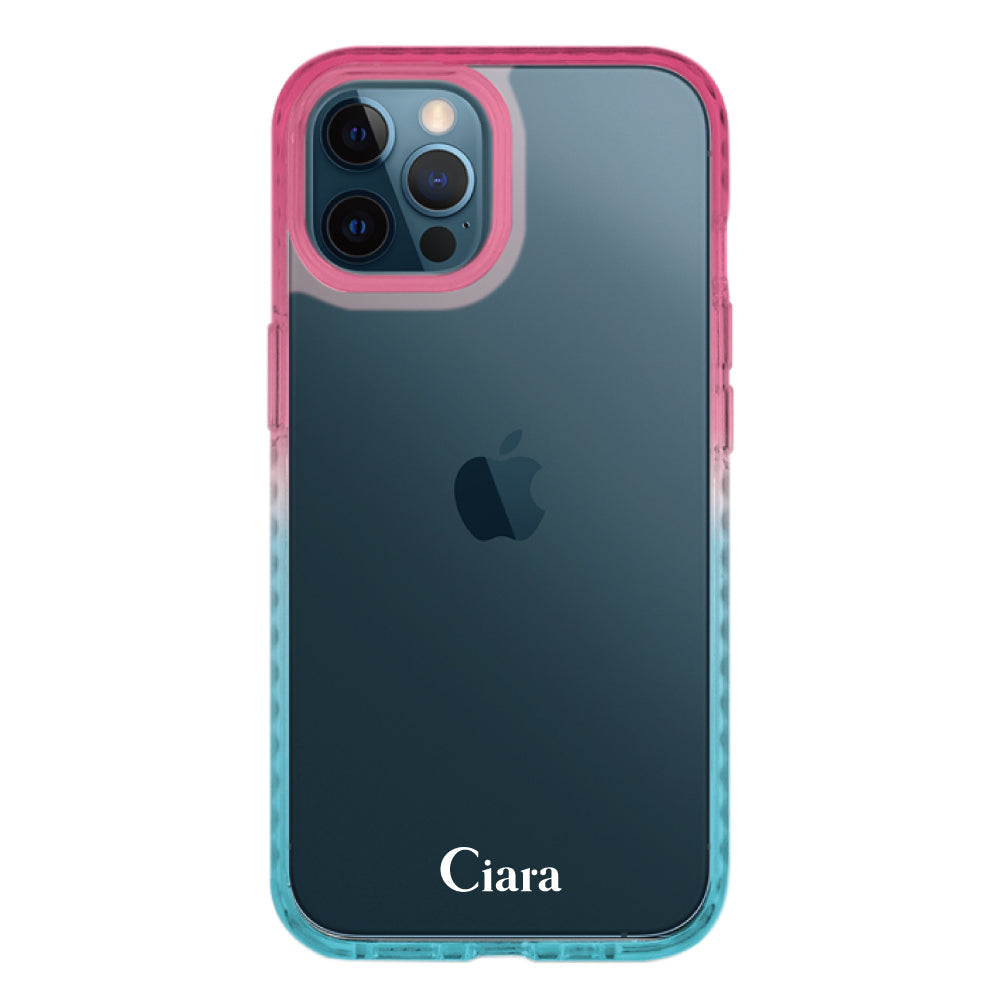 iPhone12ProMaxケース クッションバンパー 耐衝撃クリアケース ロゴ ピンク/ブルー