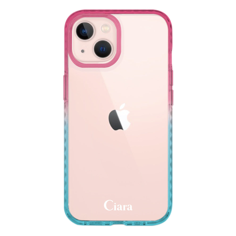 iPhone13ケース クッションバンパー 耐衝撃クリアケース ロゴ ピンク/ブルー