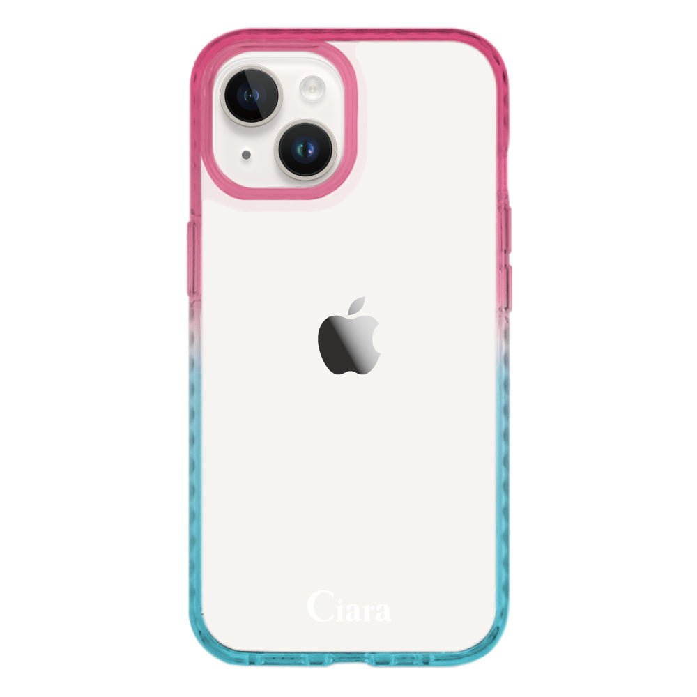 iPhone14ケース クッションバンパー 耐衝撃クリアケース ロゴ ピンク/ブルー