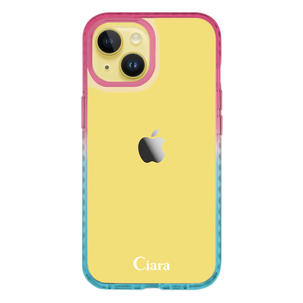 iPhone14Plusケース クッションバンパー 耐衝撃クリアケース ロゴ ピンク/ブルー