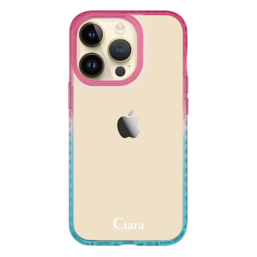 iPhone14Proケース クッションバンパー 耐衝撃クリアケース ロゴ ピンク/ブルー