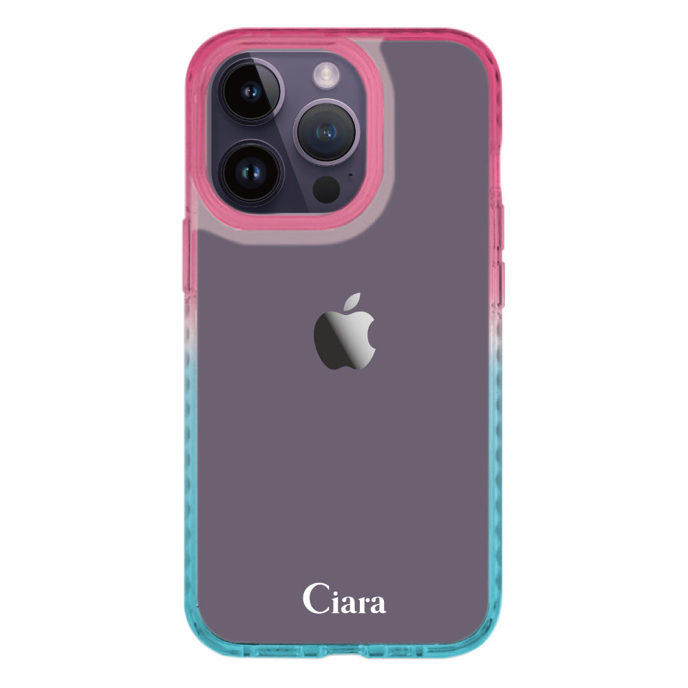 iPhone14ProMaxケース クッションバンパー 耐衝撃クリアケース ロゴ ピンク/ブルー